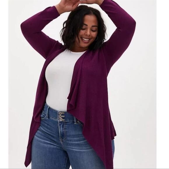 Torrid Plum Asymmetrical Hem Open Draped Cardigan - Picture 2 of 12